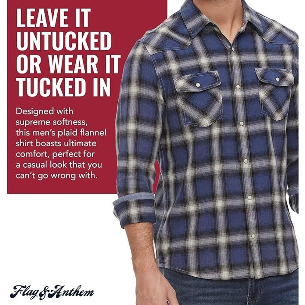 NWT FLAG & ANTHEM Indigo Dyed Pearl Snap Western Plaid Button Up 4XLT - Picture 3 of 12